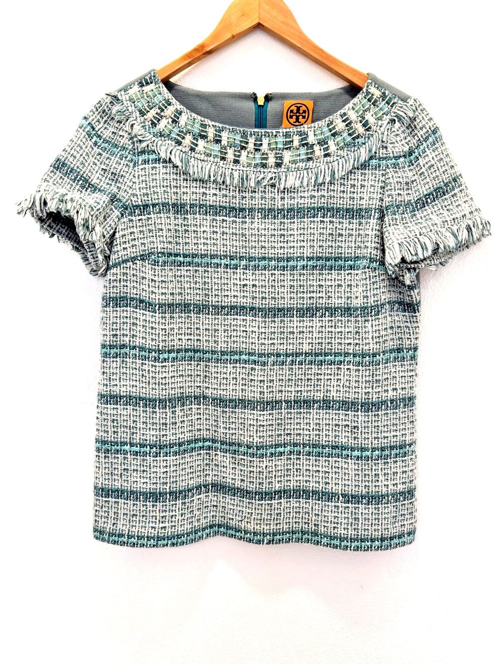 Tory Burch Joan Blue Tweed Beaded Fringe Top Sz 8 Spring 2012 Runway Archive